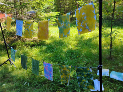 Marbled paper hanging to dry
